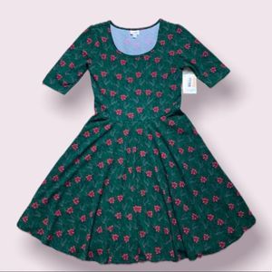 LuLaRoe Nicole Green & Red Floral Midi Skater Dress